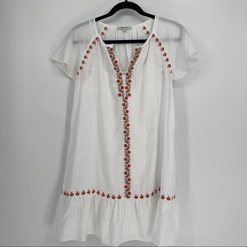 Madewell Embroidered Linen-Blend Raglan Ruffle Mini Dress - Picture 2 of 8
